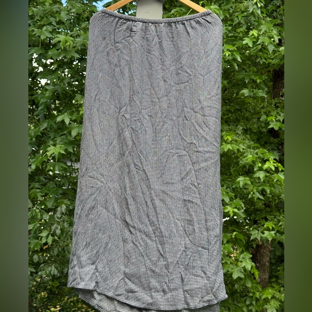 Eileen Fisher Tiny Gingham Navy and White Maxi A-Line Skirt with Ruched Waist